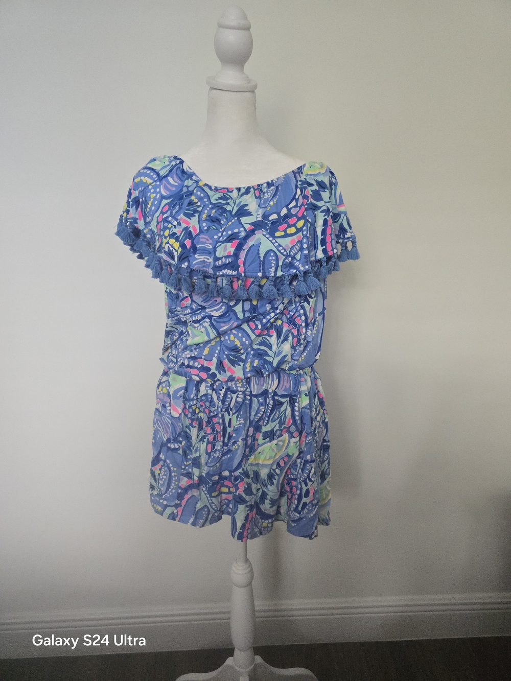 Lilly Pulitzer Blue Printed Off-Shoulder Tassel-Trim Tunic